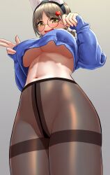 Rule 34 | 1girl, absurdres, black pantyhose, blue archive, blue shirt, breasts, brown hair, grey background, halo, highres, large breasts, looking at viewer, moe (blue archive), no panties, okayusonmu, pantyhose, shirt, simple background, yellow eyes