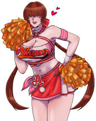Rule 34 | 1girl, alternate costume, arm bands, baseball, belt, bow, brand name imitation, breasts, buckle, cheerleader, choker, cleavage, commentary, cowboy shot, crop top, facing viewer, female focus, hair between eyes, hand on own hip, hasuda kunkun, heart, heart-shaped buckle, highres, large breasts, leaning forward, legs together, navel, pom pom (cheerleading), red hair, red lips, red skirt, shermie (kof), shirt, simple background, skirt, smile, snk, solo, split ponytail, standing, the king of fighters, white background, white shirt, wristband