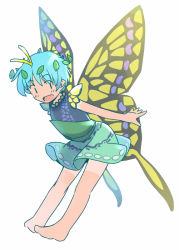 Rule 34 | 1girl, antennae, aqua hair, barefoot, blush, butterfly wings, dress, eternity larva, fairy, full body, green dress, hair between eyes, insect wings, leaf, leaf on head, multicolored clothes, multicolored dress, open mouth, rangycrow, short hair, short sleeves, simple background, single strap, sketch, smile, solid oval eyes, solo, tan, tanline, touhou, white background, wings
