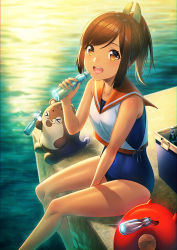 Rule 34 | 1girl, blouse, blue one-piece swimsuit, blush, bokukawauso, bottle, brown eyes, brown hair, closed mouth, enemy lifebuoy (kancolle), hair ornament, i-401 (kancolle), kantai collection, looking at viewer, ocean, one-piece swimsuit, open mouth, ponytail, sailor collar, school swimsuit, school uniform, shirt, short hair, short ponytail, sleeveless, sleeveless shirt, smile, swimsuit, swimsuit under clothes, tan, unowen, white shirt