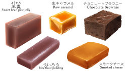 Rule 34 | absurdres, caramel, chamaji, cheese, brownie (food), english text, food, food focus, highres, no humans, original, simple background, smoked cheese, uirou (food), wagashi, white background, youkan (food)