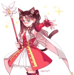 Rule 34 | 1girl, animal ears, blue eyes, blush, byulrorqual, cat ears, cat tail, elbow gloves, fate/hollow ataraxia, fate (series), fingerless gloves, gloves, kaleido ruby, kaleidostick, magical girl, solo, sparkle, tail, thighhighs, tohsaka rin, two side up, wand, zettai ryouiki