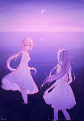 2girls absurdres arms_behind_back bare_shoulders blue_eyes catandcrumbles chromatic_aberration commentary dress elysia_(honkai_impact) english_commentary highres honkai_(series) honkai_impact_3rd horns long_hair looking_at_another multiple_girls pink_hair pink_sky pointy_ears purple_hair raiden_mei red_horns reflection reflective_water signature sky very_long_hair wading water white_dress