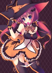 Rule 34 | 1girl, argyle, argyle background, argyle clothes, arm strap, bare shoulders, black thighhighs, blue eyes, blush, bow, condom, condom in mouth, condom wrapper, fingerless gloves, garter straps, gloves, hair ornament, halloween, hat, hat ribbon, highres, long hair, looking at viewer, mouth hold, original, panties, panty pull, raiou, red hair, ribbon, side-tie panties, skirt, solo, thighhighs, twintails, underwear, white panties, witch hat