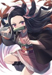 Rule 34 | 1girl, bamboo, bit gag, black hair, brown hair, checkered sash, commentary request, fingernails, forehead, gag, hair ribbon, highres, japanese clothes, kamado nezuko, kimetsu no yaiba, kimono, long hair, long sleeves, looking at viewer, mouth hold, multicolored hair, obi, open clothes, pink kimono, pink ribbon, red eyes, ribbon, sash, sharp fingernails, slit pupils, solo, standing, standing on one leg, two-tone hair, v-shaped eyebrows, very long hair, wagashi928, white background, wide sleeves