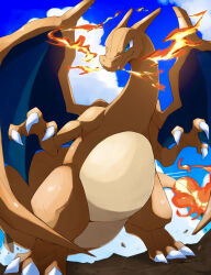 Rule 34 | blue eyes, blue sky, breath weapon, breathing fire, charizard, claws, cloud, commentary, creatures (company), fangs, fangs out, fire, game freak, gen 1 pokemon, horns, kou11021301, long neck, looking ahead, nintendo, no humans, on ground, outdoors, pokemon, sky, standing, symbol-only commentary, wings