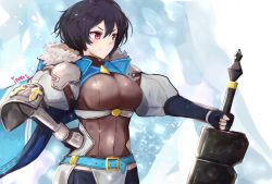 Rule 34 | 1girl, armor, belt, black hair, blush, breasts, cape, celliera, dragalia lost, fingerless gloves, gauntlets, gloves, hand on own hip, highres, holding, holding weapon, ice, ippers, large breasts, nintendo, red eyes, short hair, smile, solo, standing, sword, weapon