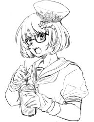 Rule 34 | 1girl, arm warmers, benten (housamo), blush, cherry blossoms, commentary, drinking straw, fingernails, glasses, greyscale, hair ornament, hat, holding, holding drinking straw, medium hair, monochrome, neckerchief, open mouth, raised eyebrows, sailor collar, school uniform, serafuku, simple background, slushie, solo, tass commuovere, tokyo houkago summoners, upper body, white background