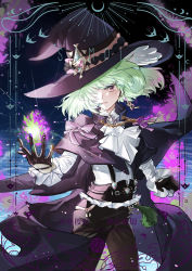 Rule 34 | 1boy, absurdres, alternate costume, androgynous, ascot, black pants, cloak, crescent, earrings, fire, green fire, green hair, hair over one eye, hand up, hat, highres, jewelry, lio fotia, looking at viewer, male focus, pants, parted lips, promare, purple eyes, purple fire, pyrokinesis, qianxiaobai, short hair, solo, standing, witch hat