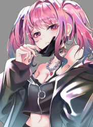 Rule 34 | 1girl, bang dream!, bare shoulders, belt collar, black camisole, black jacket, breasts, camisole, chain, chain necklace, cleavage, collar, collarbone, crop top, cross, cross earrings, dated commentary, earrings, grey background, hair intakes, heart, heart necklace, highres, jacket, jewelry, long hair, long sleeves, looking at viewer, maruyama aya, mask, mask pull, medium breasts, midriff, mouth mask, nail polish, navel, necklace, off shoulder, open clothes, open jacket, parted lips, patpang, pink eyes, pink hair, sidelocks, simple background, solo, strap slip, twintails, upper body
