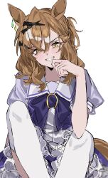 Rule 34 | 1girl, animal ears, earrings, finger to own chin, frilled skirt, frills, grin, hair ornament, highres, horse ears, horse girl, horse tail, jewelry, jungle pocket (umamusume), looking at viewer, m75255831, medium hair, puffy short sleeves, puffy sleeves, purple shirt, school uniform, shirt, short sleeves, simple background, single earring, skirt, smile, solo, tail, teeth, thighhighs, tracen school uniform, umamusume, white background, white skirt, white thighhighs, yellow eyes