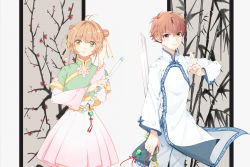 Rule 34 | 1boy, 1girl, antenna hair, arm at side, bamboo, beads, branch, brown eyes, brown hair, cardcaptor sakura, chinese clothes, closed mouth, cowboy shot, cropped jacket, double bun, dress, floating clothes, flower, flute, green eyes, green jacket, hair bun, hand on own head, hand up, hanging scroll, highres, holding, holding instrument, holding sword, holding weapon, ink wash painting, instrument, jacket, jade (gemstone), kinomoto sakura, layered sleeves, li xiaolang, long sleeves, longpao, looking at viewer, painting (object), pants, pink dress, pleated dress, red flower, reverse grip, robe, sash, scroll, short dress, short hair, short over long sleeves, short sleeves, smile, sword, weapon, white background, white pants, white robe, wide sleeves, ying weiyu