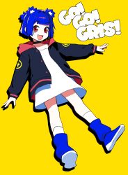Rule 34 | 1girl, animal ears, black jacket, blue footwear, blue hair, boots, dress, drop shadow, extra ears, fang, full body, grey dress, gris (vertigris), highres, hood, hooded jacket, jacket, long sleeves, looking at viewer, open clothes, open jacket, open mouth, original, outstretched arms, red eyes, short hair, sidelocks, simple background, smile, socks, solo, spread arms, vertigris, white socks, yellow background