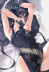 Rule 34 | 1girl, armpits, arms up, bare shoulders, black dress, black gloves, black hair, blue archive, blue eyes, braid, braided bun, breasts, butterfly hair ornament, china dress, chinese clothes, cle masahiro, double bun, dragon print, dress, gloves, grey eyes, grey jacket, hair bun, hair ornament, halo, highres, jacket, kisaki (blue archive), long hair, looking at viewer, lying, on back, pelvic curtain, print dress, short dress, side slit, sleeveless, sleeveless dress, small breasts, solo, striped clothes, striped jacket, twintails, unworn jacket, vertical-striped clothes, vertical-striped jacket