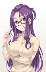 Rule 34 | 1girl, bangs pinned back, black-framed eyewear, breast hold, breasts, closed mouth, commentary request, crossed arms, eyelashes, fingernails, glasses, hair between eyes, twirling hair, hand up, highres, kagamihara sakura, large breasts, long hair, long sleeves, looking at viewer, mukunokino isshiki, purple eyes, purple hair, ribbed sweater, sidelocks, simple background, solo, standing, sweater, turtleneck, turtleneck sweater, very long hair, white background, yellow sweater, yurucamp