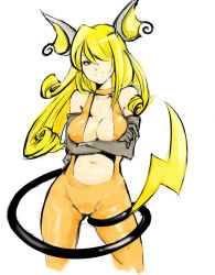 Rule 34 | 1girl, animal ears, bad id, bad pixiv id, blonde hair, breasts, choker, cleavage, cosplay, creatures (company), crossed arms, curly hair, cynthia (pokemon), elbow gloves, game freak, gen 1 pokemon, gloves, grin, hair over one eye, long hair, navel, nintendo, personification, pokemon, raichu, raichu (cosplay), simple background, smile, solo, tail, white background, xinjing, yellow eyes