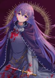 Rule 34 | 1girl, absurdres, baggy clothes, blood, blood on face, blue cape, blue dress, braid, cape, commission, commissioner upload, dress, expressionless, fire emblem, fire emblem: the binding blade, french braid, highres, holding, holding knife, holding weapon, knife, long hair, looking at viewer, nintendo, purple eyes, purple hair, sitting, skeb commission, solo, sophia (fire emblem), weapon, yoshiki1020