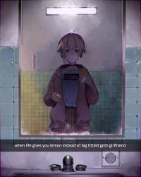 Rule 34 | 1girl, ahoge, bathroom, black choker, black eyes, blush, brown jacket, brown skirt, cellphone, choker, closed mouth, clothes writing, commentary, cowboy shot, electrical outlet, english commentary, english text, faucet, food, fruit, godekasu, hand up, highres, holding, holding phone, jacket, lemon, long sleeves, looking at viewer, mirror, open clothes, open jacket, original, phone, pleated skirt, reflection, sad, selfie, short hair, sink, skirt, smartphone, snapchat, soap bottle, solo, standing, tile wall, tiles, wall lamp