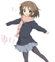 Rule 34 | 1girl, black eyes, brown hair, core (mayomayo), hirasawa yui, k-on!, outstretched arms, pantyhose, scarf, school uniform, short hair, spread arms