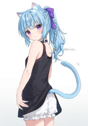 Rule 34 | 1girl, :o, animal ears, bare arms, bare shoulders, black choker, black dress, bloomers, blue hair, blue nails, blue tail, blush, bow, braid, cat ears, cat girl, cat tail, choker, commentary request, dress, from behind, gradient background, grey background, hair bobbles, hair bow, hair ornament, head tilt, looking at viewer, looking back, nail polish, original, parted lips, ponytail, purple bow, sleeveless, sleeveless dress, solo, tail, tail raised, twitter username, underwear, white background, white bloomers, yumoran