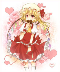 Rule 34 | 1girl, bad id, bad pixiv id, blonde hair, candy, chocolate, chocolate heart, covering own mouth, female focus, flandre scarlet, food, hat, heart, kuran (mkmrl), long hair, looking at viewer, mob cap, pink eyes, skirt, skirt set, socks, solo, touhou, valentine, wings