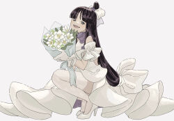 Rule 34 | 1girl, ace attorney, black hair, blunt bangs, bouquet, dress, flower, full body, grey background, hair ornament, high heels, highres, holding, holding bouquet, long hair, looking at viewer, maya fey, omen hohoho, open mouth, parted bangs, sidelocks, simple background, sitting, smile, solo, squatting, thighhighs, white dress, white flower, white thighhighs