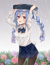 Rule 34 | 1girl, alternate costume, animal ears, bag, black pantyhose, blouse, blue hair, blue ribbon, blue skirt, bow, bowtie, braid, breasts, bush, buttons, cloud, cloudy sky, collared shirt, covering head, cowboy shot, dakuryuu, flower, grey sky, hair bow, highres, hololive, hydrangea, improvised umbrella, leaning forward, long hair, medium breasts, multicolored hair, neck ribbon, open mouth, outdoors, pantyhose, plaid, plaid skirt, pleated skirt, rabbit ears, rabbit girl, rabbit tail, rain, ribbon, school bag, school uniform, shirt, skirt, sky, solo, standing, streaked hair, symbol-shaped pupils, tail, traditional bowtie, twin braids, twintails, usada pekora, virtual youtuber, wavy mouth, wet, wet clothes, white bow, white hair, white shirt, yellow eyes