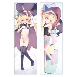 1girl bare_legs barefoot blonde_hair bloomers blush bottomless cape dakimakura_(medium) flat_chest full_body hairband hat little_witch_nobeta long_hair looking_at_viewer lying navel no_shoes nobeta official_art on_back on_stomach open_mouth phyllis_(cat)_(little_witch_nobeta) phyllis_(little_witch_nobeta) pink_hairband red_eyes stomach thighhighs topless underwear white_bloomers witch_hat