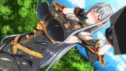 Rule 34 | 00s, 1girl, armpits, bare shoulders, black gloves, blush, breasts, cloud, cowboy shot, detached sleeves, drooling, dutch angle, ebido, embarrassed, eyebrows, gloves, grey hair, highres, holding, huge breasts, legs, long hair, looking at viewer, military, military uniform, orange eyes, outdoors, pale skin, puffy nipples, raised eyebrows, saliva, selvaria bles, senjou no valkyria (series), sky, solo, standing, thighs, tree, uniform