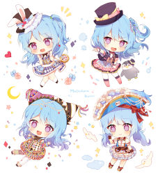 Rule 34 | 4girls, :d, alice in wonderland, alternate hairstyle, animal ears, asymmetrical legwear, bang dream!, bird, black neckwear, blue flower, blue hair, blue rose, blush, bow, bowtie, character name, chibi, confetti, cosplay, crescent, dress, fake animal ears, flower, frilled dress, frilled hat, frills, hands up, hat, hat bow, hat flower, head chain, heart, highres, jester cap, jewelry, long hair, matsubara kanon, mismatched legwear, multicolored clothes, multicolored dress, multiple girls, multiple persona, notice lines, one side up, open mouth, pantyhose, penguin, petals, pirate hat, pocket watch, pointing, print dress, purple eyes, rabbit ears, rose, short sleeves, smile, sparkle, star (symbol), striped clothes, striped legwear, striped pantyhose, taya oco, top hat, twintails, v-shaped eyebrows, vertical-striped clothes, vertical-striped legwear, vertical-striped pantyhose, watch, white flower, white legwear, white neckwear, white rabbit (alice in wonderland), white rabbit (cosplay), white rose, wrist cuffs, yellow bow