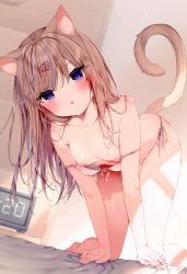 Rule 34 | 1girl, absurdres, ahoge, all fours, animal, animal ears, bare shoulders, bed, bed sheet, bedroom, bell, blue hair, blush, bra, bra pull, breasts, breasts out, brown hair, cat ears, cat girl, cat tail, character request, clock, clothes pull, collarbone, female focus, fingernails, hair between eyes, hair ornament, hairclip, highres, indoors, legs, looking at viewer, mafuyu (chibi21), medium hair, multicolored hair, nail polish, nipples, open mouth, panties, purple eyes, purple nails, side-tie panties, small breasts, solo, string, string panties, tagme, tail, thighs, underwear, wardrobe malfunction