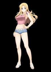 Rule 34 | 1girl, absurdres, belt, black background, blonde hair, blue eyes, blush, bracelet, breasts, cross, cross necklace, earrings, feet, hand on own hip, highres, jewelry, large breasts, legs, long hair, looking at viewer, midriff, necklace, nightmare express, sandals, short shorts, shorts, simple background, solo, standing, thighs, toes