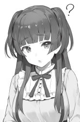 Rule 34 | 1girl, ?, bad id, bad twitter id, blunt bangs, greyscale, highres, idolmaster, idolmaster shiny colors, kotoribako, long hair, long sleeves, looking at viewer, mayuzumi fuyuko, monochrome, neck ribbon, parted lips, ribbon, shirt, simple background, skirt, solo, suspender skirt, suspenders, two side up, white background