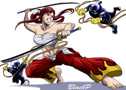Rule 34 | 1girl, absurdres, alternate hairstyle, angry, armpits, artist name, artist request, battle, blackprof, bow, breasts, brown eyes, character request, clenched hands, clenched teeth, curvy, erza scarlet, eyelashes, fairy tail, feet, female focus, fighting stance, fingernails, full body, hair bow, hair ribbon, highres, holding, holding sword, holding weapon, huge filesize, japanese clothes, katana, large breasts, legs, long hair, looking at another, midriff, navel, neck, official alternate costume, outstretched arms, pants, ponytail, red hair, red pants, ribbon, sarashi, shiny clothes, shiny skin, sidelocks, simple background, size difference, soles, spread arms, spread legs, standing, sword, teeth, thighs, toenails, toes, traditional clothes, weapon, white background, white bow, white ribbon