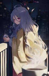 Rule 34 | 1girl, absurdres, ahoge, black horns, blue archive, building, closed mouth, coat, coat on shoulders, coffee, cup, doodle sensei (blue archive), grey hair, halo, highres, hina (blue archive), hina (pajamas) (blue archive), holding, holding cup, horns, long hair, long sleeves, looking at viewer, multiple horns, purple eyes, sensei (blue archive), smile, solo, toi1et paper, very long hair, yellow coat
