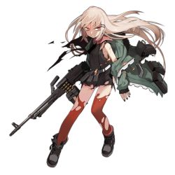 Rule 34 | 1girl, ammunition, ammunition belt, ammunition box, bags under eyes, belt-fed, black dress, black footwear, black nails, boots, bruise, bullet, clenched teeth, dress, english text, fingernails, fire, full body, general-purpose machine gun, girls&#039; frontline, green jacket, gun, hair ornament, hairclip, heavy machine gun, holding, holding gun, holding weapon, injury, jacket, jong tu, light brown hair, long hair, long sleeves, looking to the side, machine gun, military cartridge, nail polish, name connection, object namesake, official art, open clothes, open jacket, parted lips, red eyes, red thighhighs, rifle cartridge, short dress, sidelocks, solo, teeth, thighhighs, torn boots, torn clothes, torn dress, torn jacket, torn thighhighs, transparent background, type 80 (girls&#039; frontline), type 80 machine gun, very long hair, watermark, weapon, web address