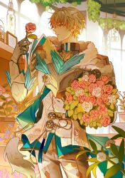 Rule 34 | 1boy, absurdres, armor, artist name, blonde hair, blue eyes, bouquet, commentary, cowboy shot, english commentary, flower, flower pot, flower shop, gepard landau, gloves, highres, honkai: star rail, honkai (series), looking at flowers, male focus, parted lips, pink flower, plant, reci, shop, solo, standing, white flower, white gloves, white sleeves