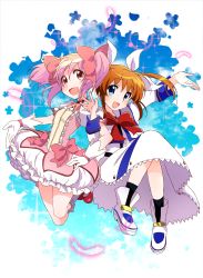 Rule 34 | 00s, 10s, 2girls, :d, blue eyes, bow, brown hair, chabashira (otya), crossover, dress, feathers, gloves, gradient background, hair ribbon, highres, kaname madoka, locked arms, long hair, lyrical nanoha, magical girl, mahou shoujo lyrical nanoha, mahou shoujo madoka magica, mahou shoujo madoka magica (anime), multiple girls, open mouth, outstretched arm, pink eyes, pink hair, puffy sleeves, ribbon, short twintails, smile, takamachi nanoha, twintails