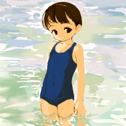 Rule 34 | brown hair, flat chest, lowres, one-piece swimsuit, sasahara yuuki, school swimsuit, solo, swimsuit, water