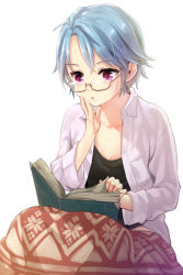 Rule 34 | 1girl, bad id, bad pixiv id, blue hair, book, collarbone, esprit (sword girls), flat chest, glasses, hand on own cheek, hand on own face, maki666, makl, open mouth, purple eyes, short hair, solo, sword girls
