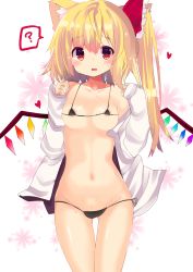 Rule 34 | 1girl, ?, absurdres, animal ears, bad id, bad twitter id, black bra, black panties, blonde hair, blush, bow, bra, breasts, brown eyes, cat ears, cowboy shot, flandre scarlet, gluteal fold, groin, hair between eyes, hair bow, heart, highres, kemonomimi mode, long hair, long sleeves, looking at viewer, micro bra, navel, no pants, off shoulder, open clothes, open mouth, open shirt, panties, red bow, shirt, side-tie panties, side ponytail, small breasts, solo, spoken question mark, stomach, sweat, te toga, thigh gap, touhou, underwear