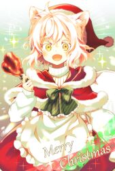 Rule 34 | 1girl, :d, animal ears, apron, capelet, cat ears, cat girl, christmas, fang, fur-trimmed capelet, fur trim, hat, highres, long sleeves, looking at viewer, merry christmas, mono (nekogoya), open mouth, original, red capelet, red skirt, sack, santa hat, short hair, skin fang, skirt, smile, sweater, white apron, white sweater, yellow eyes