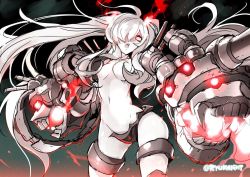 Rule 34 | 10s, 1girl, :o, abyssal ship, ahoge, breasts, colored skin, cowboy shot, head tilt, kantai collection, machinery, midriff, monster, naitou ryuu, navel, open mouth, powering up, red eyes, solo, southern ocean war princess, standing, stomach, teeth, turret, twintails, white hair, white skin