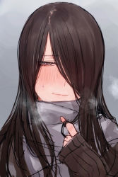 Rule 34 | 1girl, black eyes, black hair, black sweater, blush, c.cu, closed mouth, embarrassed, grey scarf, hair over one eye, half-closed eye, long hair, long sleeves, looking at viewer, nose blush, original, scarf, sketch, sleeves past wrists, solo, sweat, sweater, tsuyuhara miu, uneven eyes