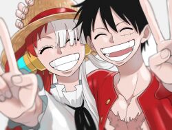 Rule 34 | 1boy, 1girl, black hair, black ribbon, blush, closed eyes, commentary request, facial scar, hair rings, hand on headwear, hat, headphones, highres, kotaa, long hair, monkey d. luffy, multicolored hair, one piece, one piece film: red, open clothes, open mouth, red hair, red shirt, ribbon, scar, scar on cheek, scar on chest, scar on face, shirt, short hair, smile, split-color hair, straw hat, teeth, twintails, two-tone hair, uta (one piece), v, white hair