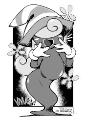 Rule 34 | 1girl, 2024, :d, artist name, blush stickers, brokenlynx, character name, collarbone, commentary, curly hair, english commentary, english text, facing viewer, female focus, flower, ghost, hair over eyes, hat, heart, intelligent systems, japanese text, lipstick, makeup, mario (series), monochrome, nintendo, open mouth, out of frame, paper mario, paper mario: the thousand year door, simple background, smile, solo, spread fingers, striped clothes, striped headwear, vivian (paper mario), witch hat