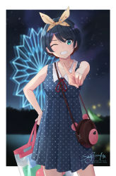 Rule 34 | 1girl, animal bag, artist name, bag, bare arms, bare shoulders, black hair, blue dress, blue eyes, blurry, blurry background, collarbone, collared dress, commentary request, depth of field, dress, ferris wheel, grin, hair between eyes, hand on own hip, highres, kanojo okarishimasu, looking at viewer, night, one eye closed, outstretched arm, plastic bag, pleated dress, polka dot, polka dot dress, sarashina ruka, see-through, shoulder bag, signature, skyrail, sleeveless, sleeveless dress, smile, solo, star (symbol), v