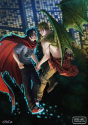 Rule 34 | 2boys, alien, bara, black hair, blonde hair, blush, cityscape, cloak, clothes around waist, couple, cris art, dragon wings, flying, from side, full body, green wings, grin, half-closed eyes, happy, hulkling, imminent kiss, interspecies, long sideburns, male focus, marvel, multiple boys, pants, red cloak, shirt, shirt around waist, shoes, short hair, sideburns, smile, telekinesis, thick eyebrows, toned, toned male, topless male, wiccan, wings, yaoi