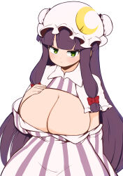 Rule 34 | 1girl, absurdres, blunt bangs, breasts, cleavage, closed mouth, commentary request, dress, hat, highres, himajin noizu, huge breasts, japanese clothes, kimono, long hair, looking at viewer, mob cap, patchouli knowledge, purple dress, purple hair, sidelocks, simple background, solo, striped clothes, striped kimono, touhou, white background, yellow eyes