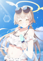 Rule 34 | 1girl, absurdres, bikini, blue archive, blush, breasts, cleavage, collarbone, closed eyes, frilled bikini, frills, grin, halo, hifumi (blue archive), hifumi (swimsuit) (blue archive), highres, light brown hair, long hair, looking at viewer, low twintails, portrait, sky, small breasts, smile, solo, swimsuit, twintails, water drop, white bikini, zundamochi (pixiv13535730)